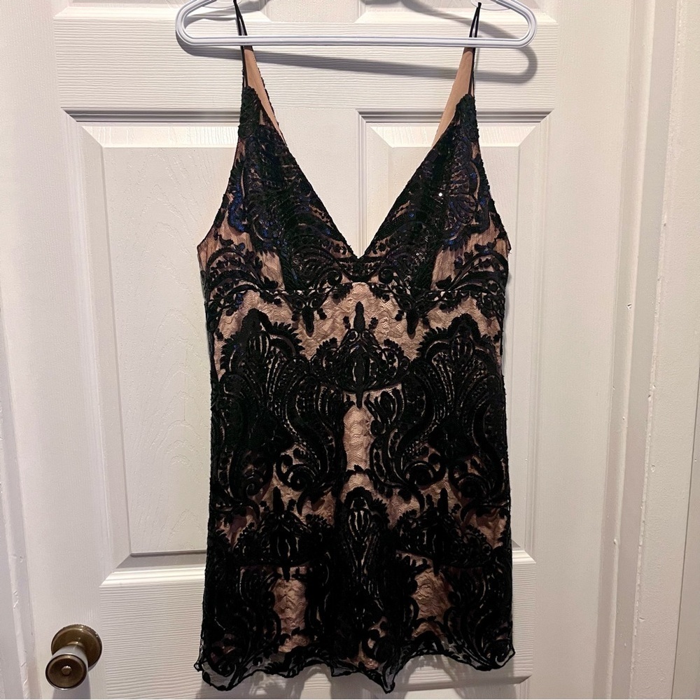 Free People Black Lace Mini Dress sequin lined sleeveless tank top 6 Small Women - Picture 3 of 8